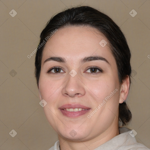 Joyful white young-adult female with medium  brown hair and brown eyes