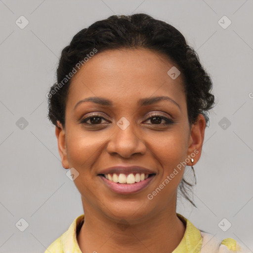 Joyful latino young-adult female with short  brown hair and brown eyes