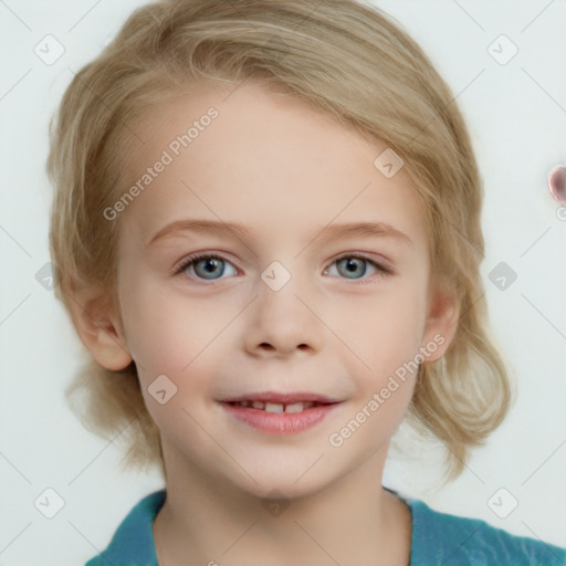 Joyful white child female with medium  brown hair and blue eyes