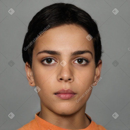 Neutral white young-adult female with short  black hair and brown eyes