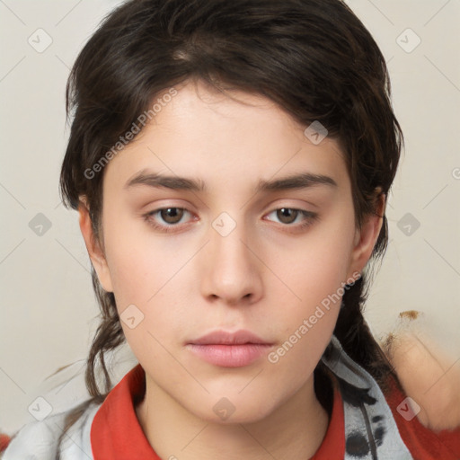 Neutral white young-adult female with medium  brown hair and brown eyes