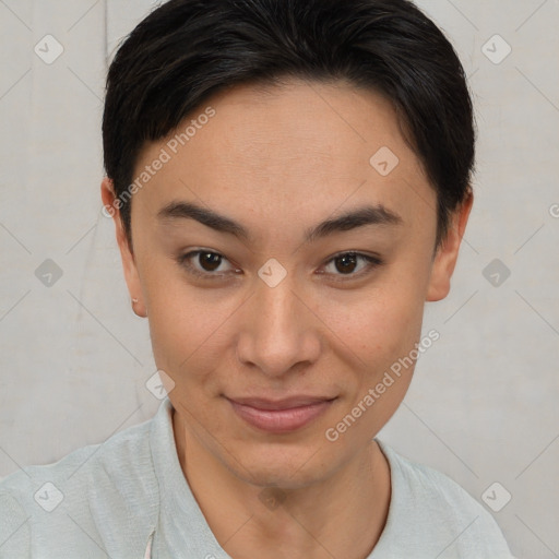 Joyful asian young-adult female with short  brown hair and brown eyes