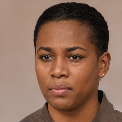 Neutral black young-adult female with short  black hair and brown eyes