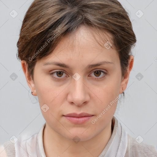 Neutral white young-adult female with medium  brown hair and brown eyes