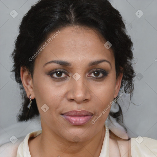 Joyful latino adult female with short  brown hair and brown eyes