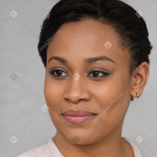 Joyful latino young-adult female with short  brown hair and brown eyes