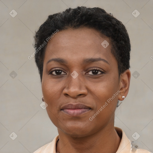 Joyful latino young-adult female with short  black hair and brown eyes