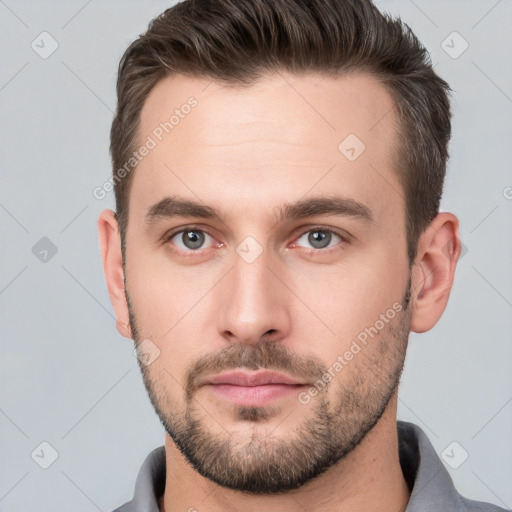 Neutral white young-adult male with short  brown hair and brown eyes