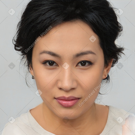 Joyful latino young-adult female with medium  black hair and brown eyes