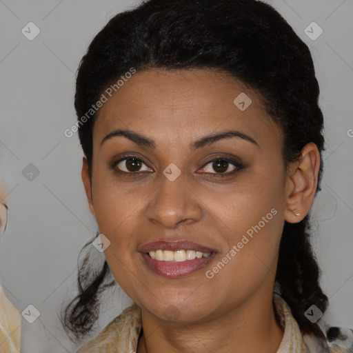 Joyful latino young-adult female with medium  brown hair and brown eyes