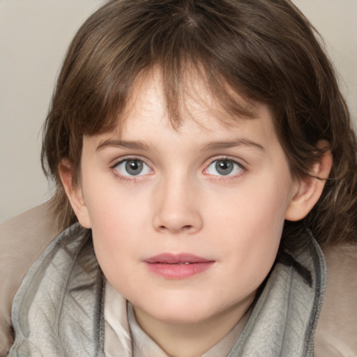 Neutral white child female with medium  brown hair and grey eyes