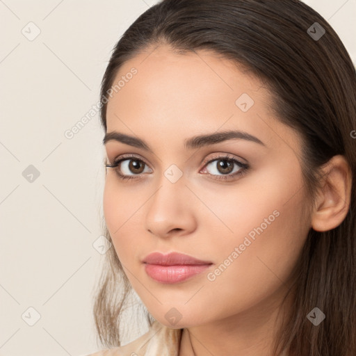 Neutral white young-adult female with long  brown hair and brown eyes