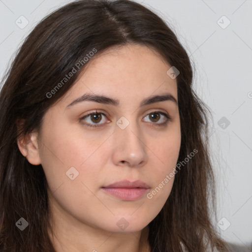 Neutral white young-adult female with long  brown hair and brown eyes