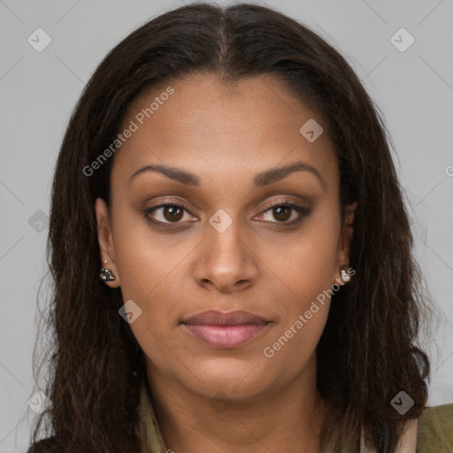 Joyful latino young-adult female with long  brown hair and brown eyes