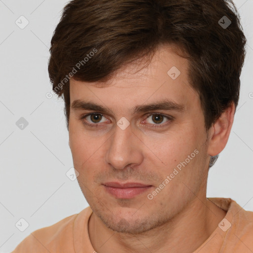 Neutral white young-adult male with short  brown hair and brown eyes