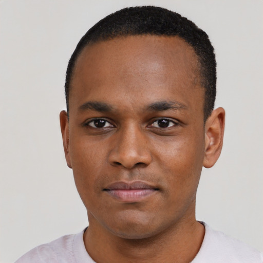 Neutral black young-adult male with short  black hair and brown eyes