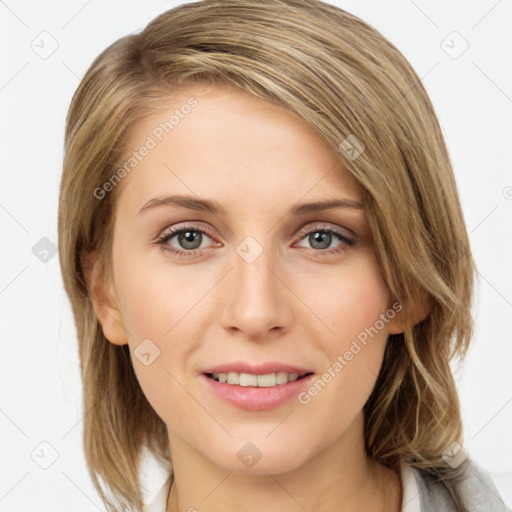 Joyful white young-adult female with medium  brown hair and blue eyes