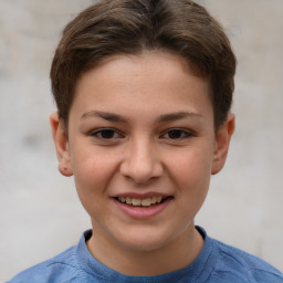 Joyful white child female with short  brown hair and brown eyes