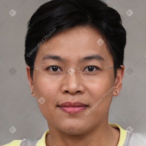 Joyful asian young-adult female with short  brown hair and brown eyes