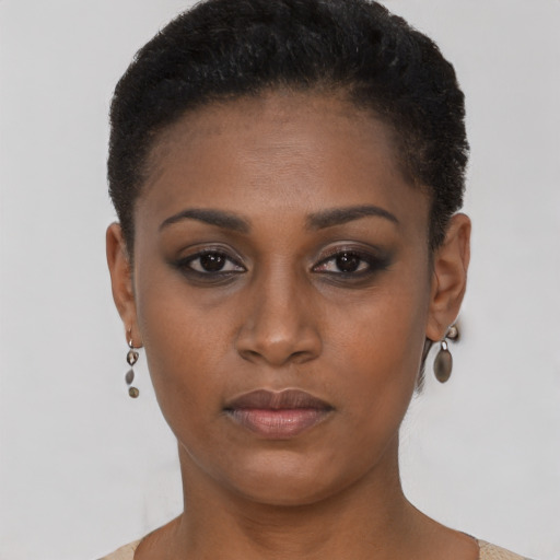 Neutral black young-adult female with short  brown hair and brown eyes