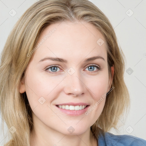 Joyful white young-adult female with medium  brown hair and blue eyes