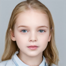 Neutral white child female with medium  brown hair and blue eyes