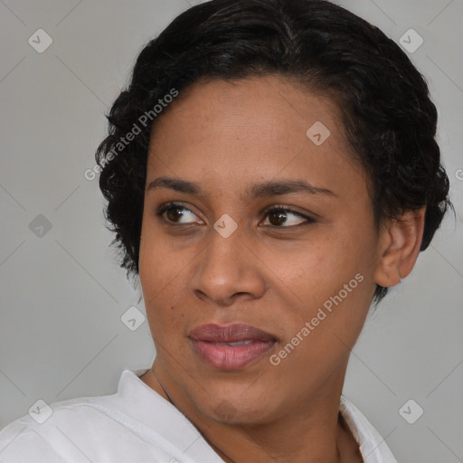 Joyful asian young-adult female with short  brown hair and brown eyes