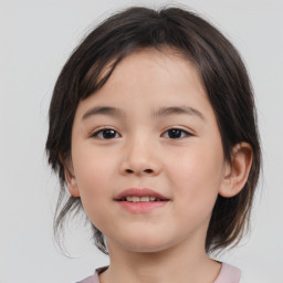 Joyful white child female with medium  brown hair and brown eyes