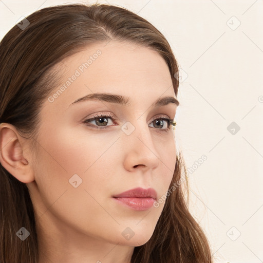 Neutral white young-adult female with long  brown hair and brown eyes