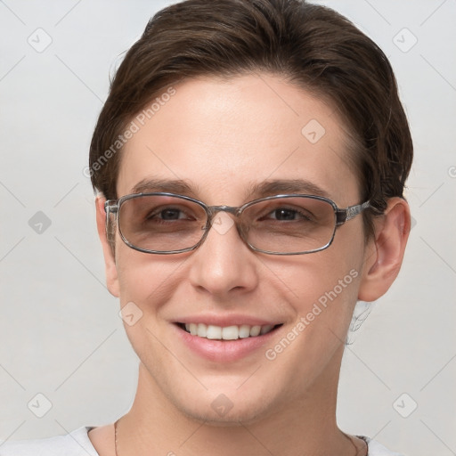 Joyful white young-adult female with short  brown hair and grey eyes