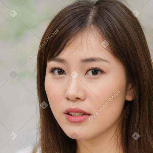 Neutral white young-adult female with long  brown hair and brown eyes