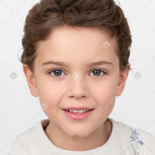 Joyful white child female with short  brown hair and brown eyes