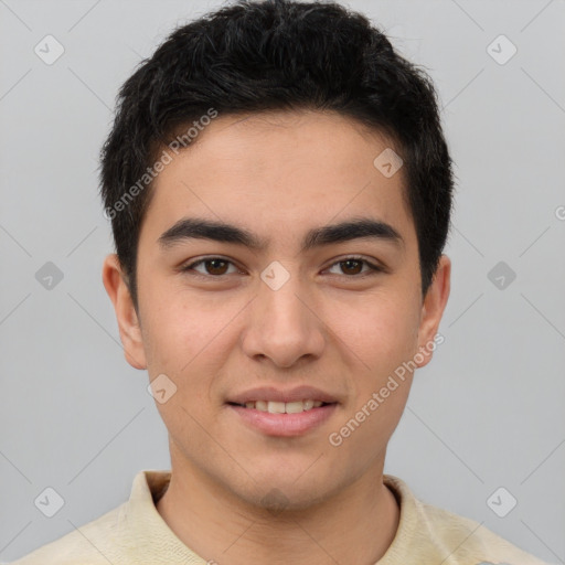 Joyful white young-adult male with short  brown hair and brown eyes