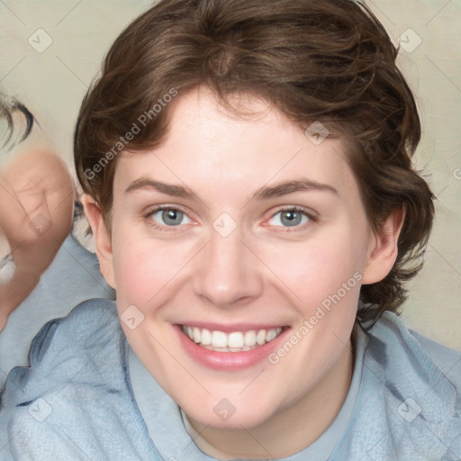 Joyful white young-adult female with medium  brown hair and blue eyes