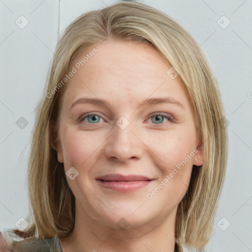 Joyful white young-adult female with medium  brown hair and blue eyes