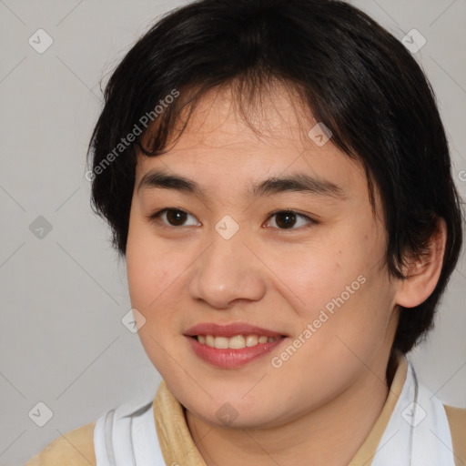 Joyful asian young-adult female with medium  brown hair and brown eyes