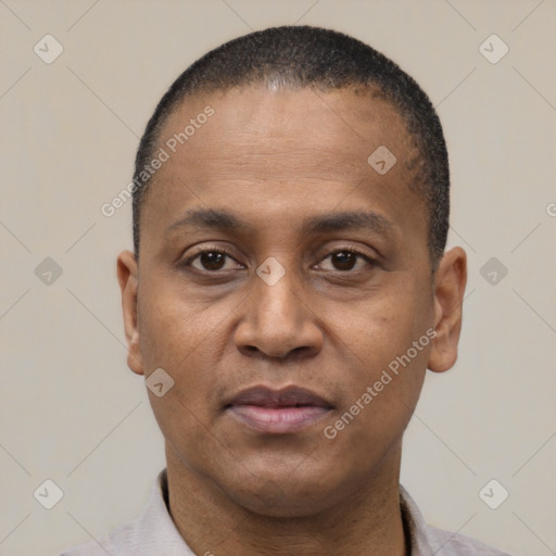 Neutral black adult male with short  black hair and brown eyes
