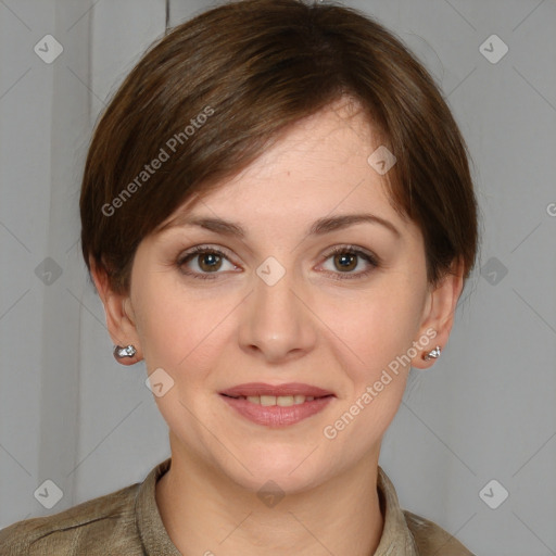 Joyful white young-adult female with short  brown hair and grey eyes