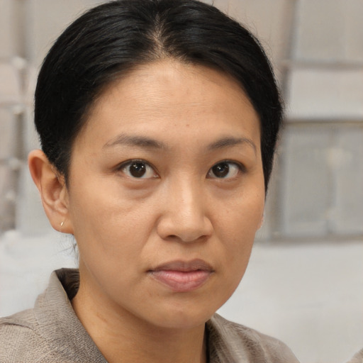 Joyful asian young-adult female with short  brown hair and brown eyes
