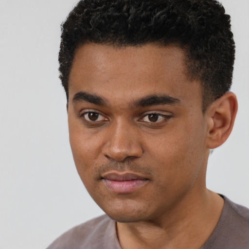 Joyful black young-adult male with short  black hair and brown eyes