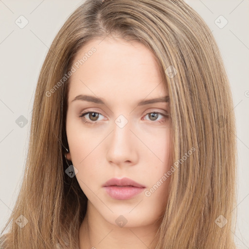 Neutral white young-adult female with long  brown hair and brown eyes