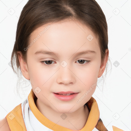 Joyful white child female with medium  brown hair and brown eyes