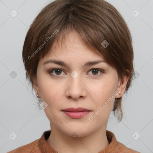 Neutral white young-adult female with medium  brown hair and brown eyes