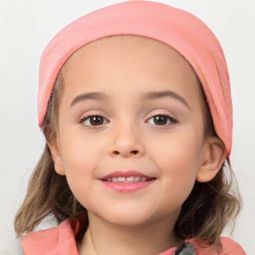 Joyful white child female with medium  brown hair and brown eyes