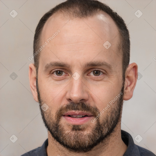 Neutral white adult male with short  brown hair and brown eyes