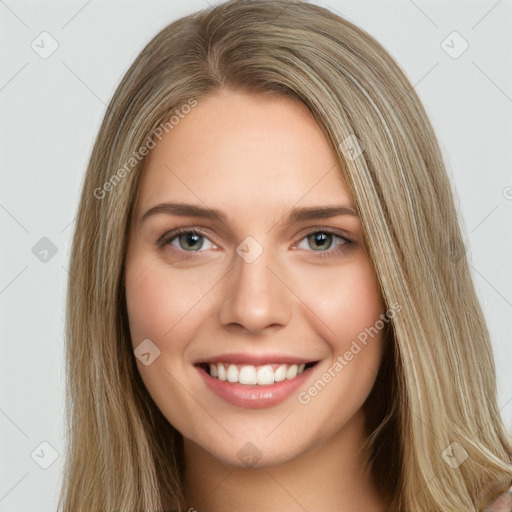 Joyful white young-adult female with long  brown hair and green eyes