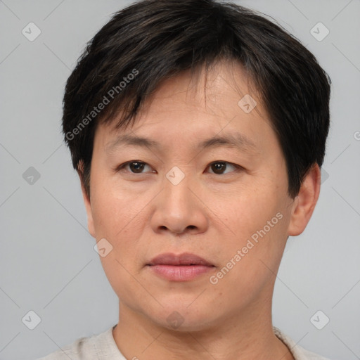 Joyful asian adult male with short  brown hair and brown eyes