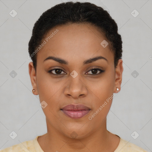 Joyful latino young-adult female with short  brown hair and brown eyes