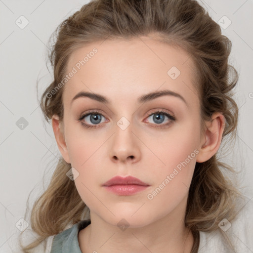 Neutral white young-adult female with medium  brown hair and grey eyes