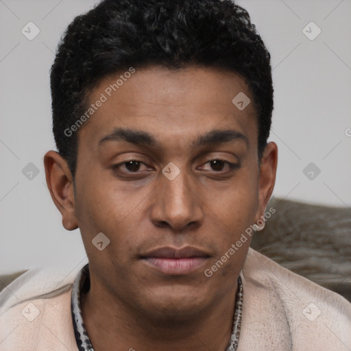 Neutral latino young-adult male with short  brown hair and brown eyes